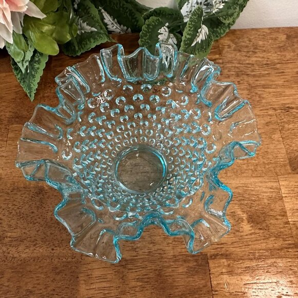 Fenton Hobnail Light Blue Glass Bowl‎ Vintage Ruffled Edge Candy Dish - Picture 3 of 5